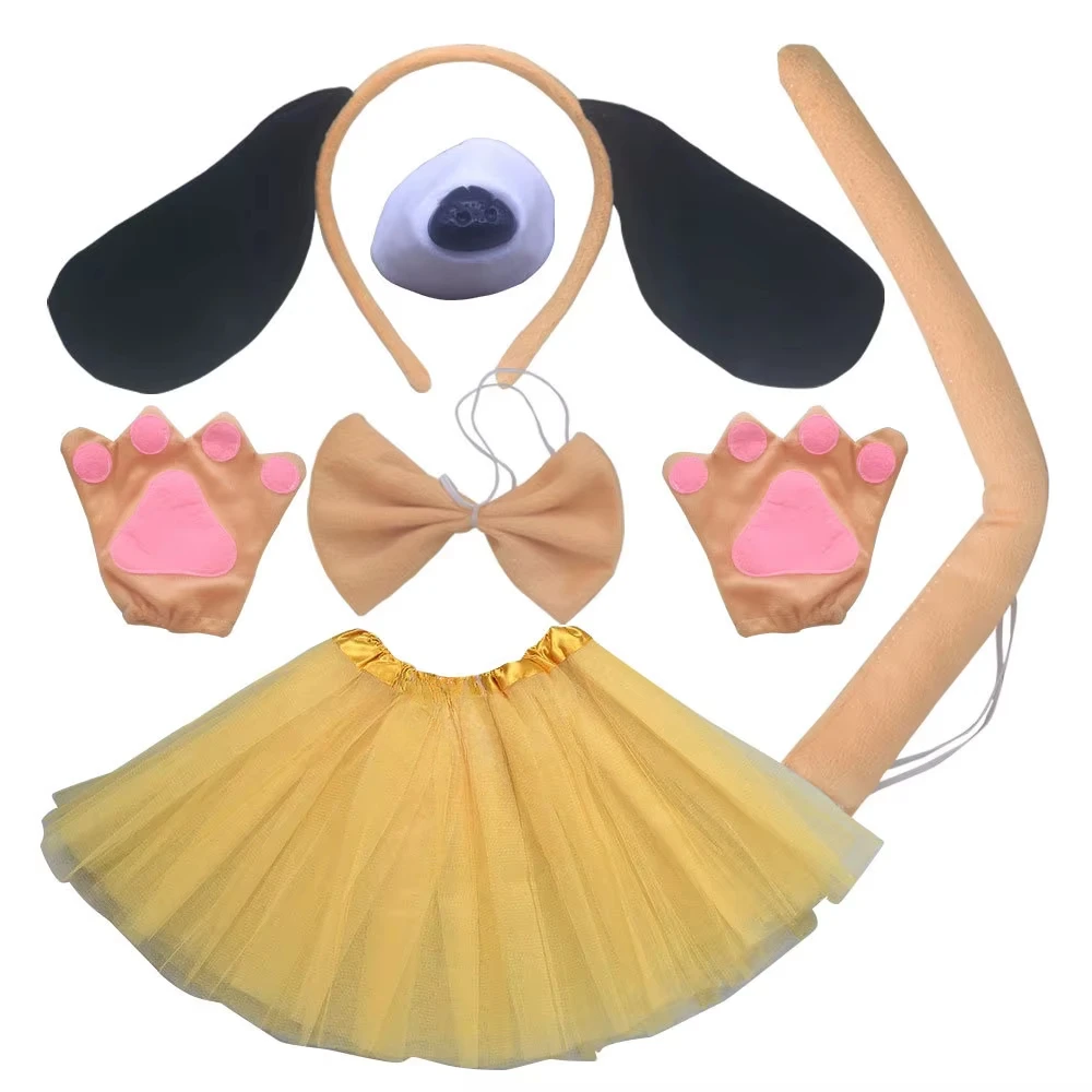 Girls Kids Children Dog Ear Headband Tails Bow Nose Skirt Animals  Set  Birthday Party Gift Headwear  Halloween Costume Cosplay