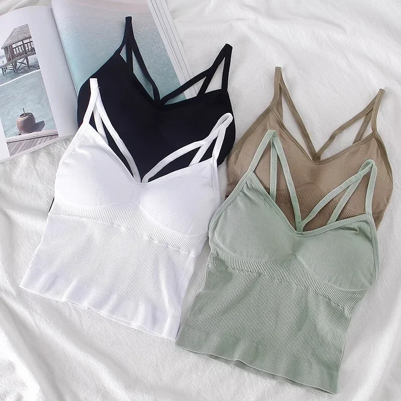 Women\'s Underwear Seamless Body-fitting Vest Wrapped Detachable Chest Pad Cut Top Elastic Sexy Cross Open Back V-neck Vest Bra
