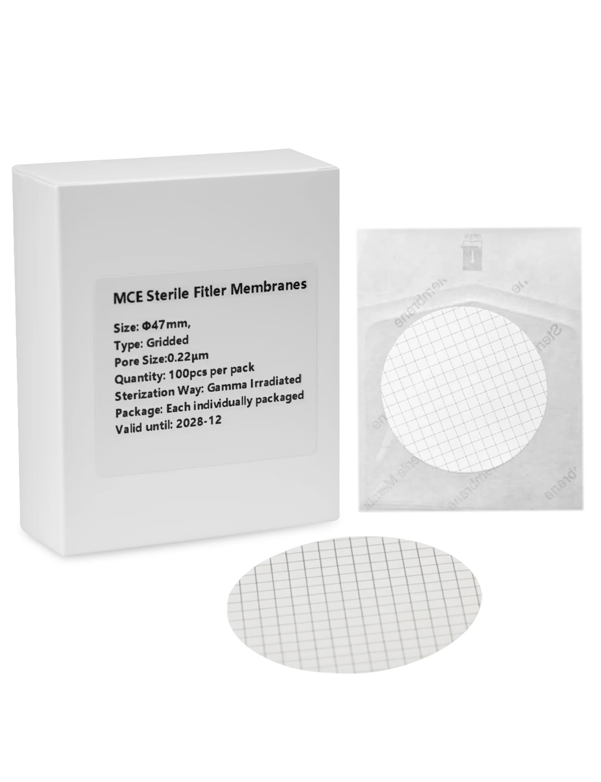 100 szt. Filtrów membranowych 47mm, sterylne MCE 0,22um 0,45um, opcjonalnie z siatką / bez siatki, białe, do mikrobiologicznych testów laboratoryjnych. — zdjęcie produktu 2