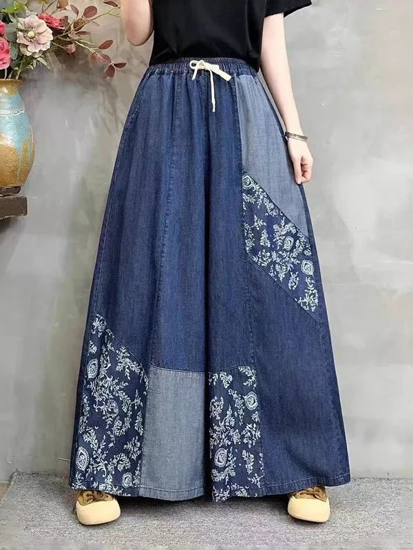 

Artistic Vintage Patchwork Wide Leg Denim Pants Loose Casual Spring New Style plus Size Women's Loose Slimming Long Trousers
