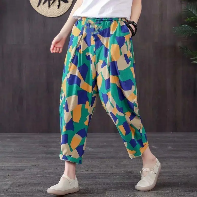 plus Size Harem Pants Casual Loose Women's Nine Point Cotton Pants High Waist Trousers for Mothers Autumn New Style