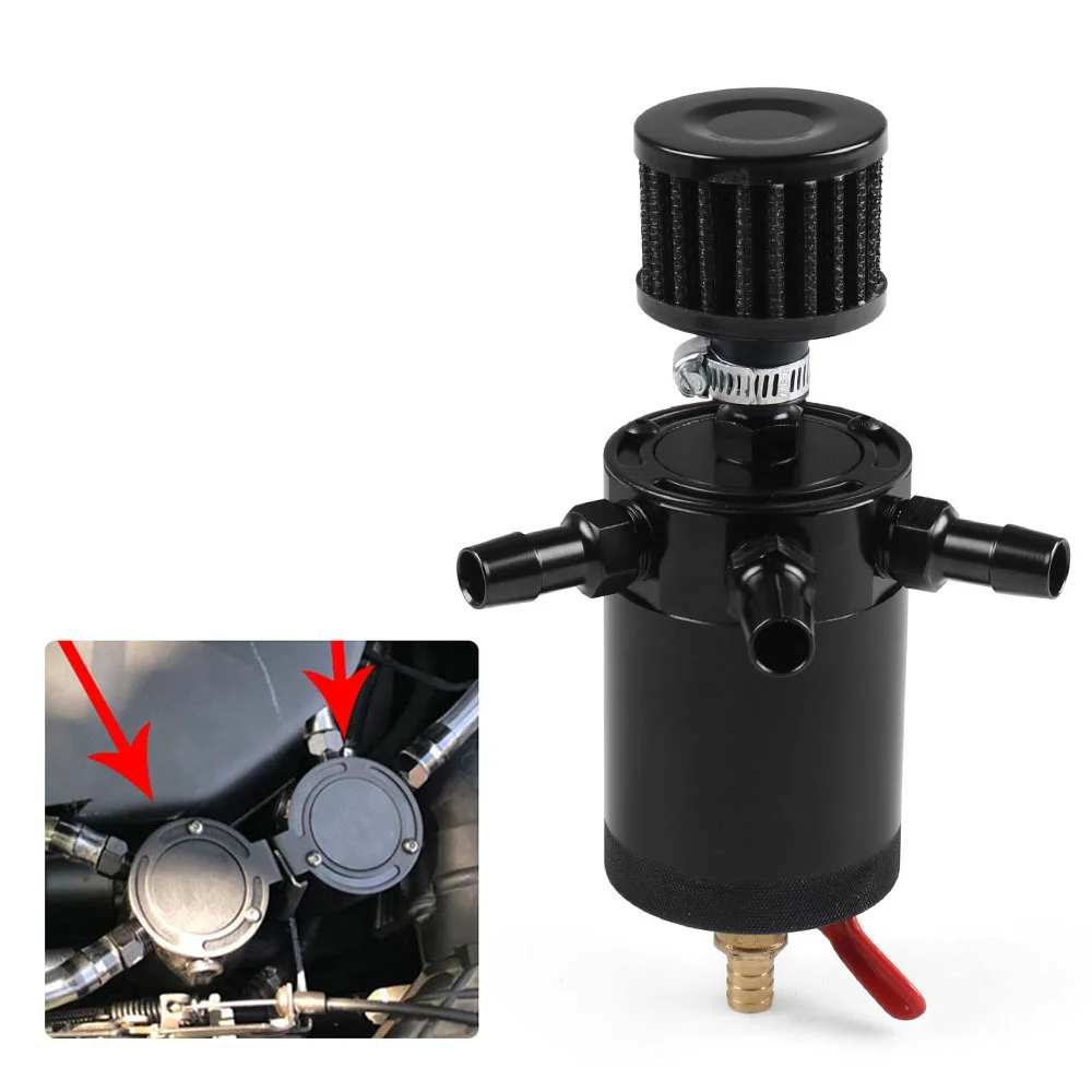 Image of Universeller 2-Port/3-Port Luft-Öl-Abscheider Auto-Ölauffangbehälter 1 Auslass+2 Einlässe mit Entlüftungsfilter und Ölablassventilfilter