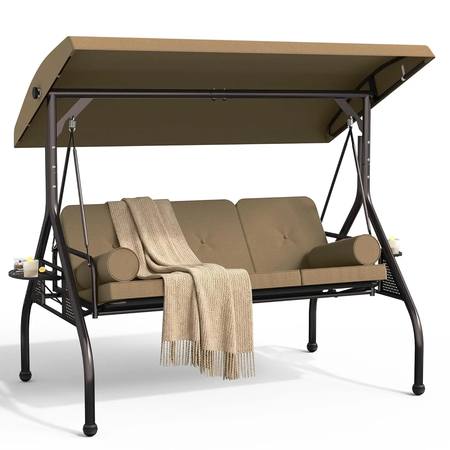 3 Seat Outdoor Porch Swing Chair, Adjustable Canopy Swing Bench, Convertible Backrest Swing Bed with Thicken, Customized