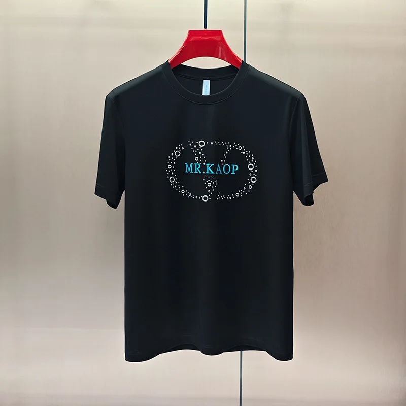 

Top Rated Men T-Shirt Summer Luxury Silk Cotton Casual Tee Crew Neck Rhinestone Letter Print Slim Fitted Comfort Versatile Tops