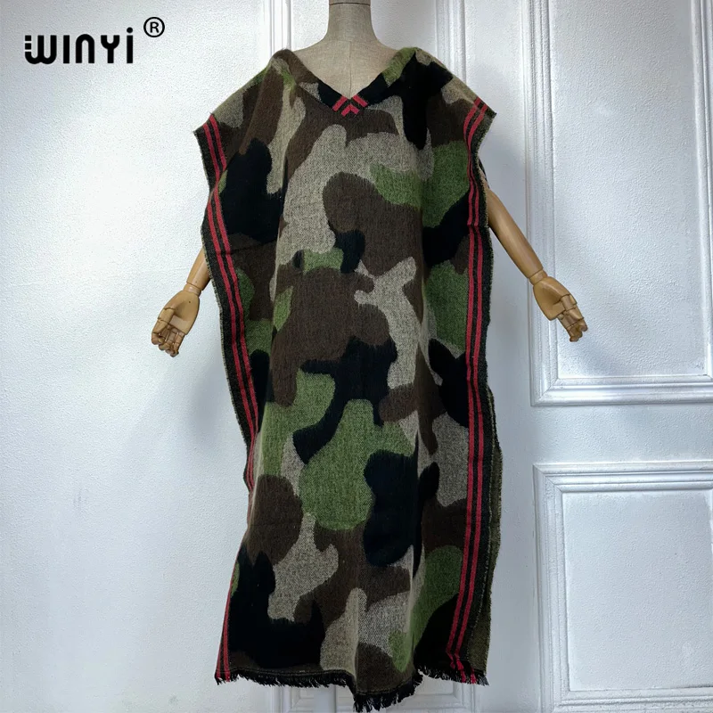 WINYI camouflage colour African women winter long down poncho abaya dubai luxury party dress shawl cape poncho for women luxury