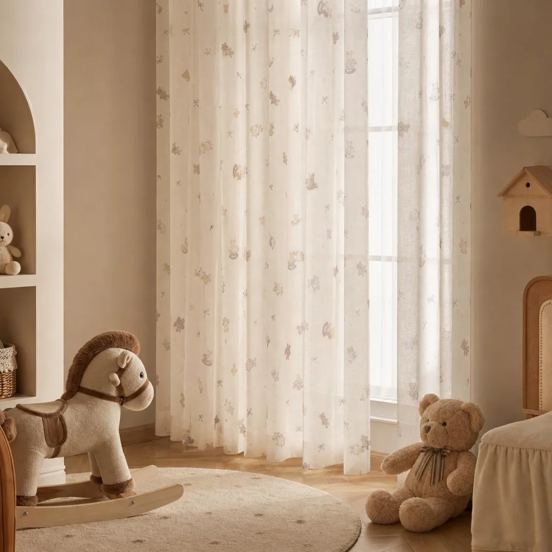 Cute Bear Rabbit Bow Print Curtain,Textured Linen‑like Drapes,Sweet Cartoon Window Curtains for Kids Bedroom Nursery Home Decor