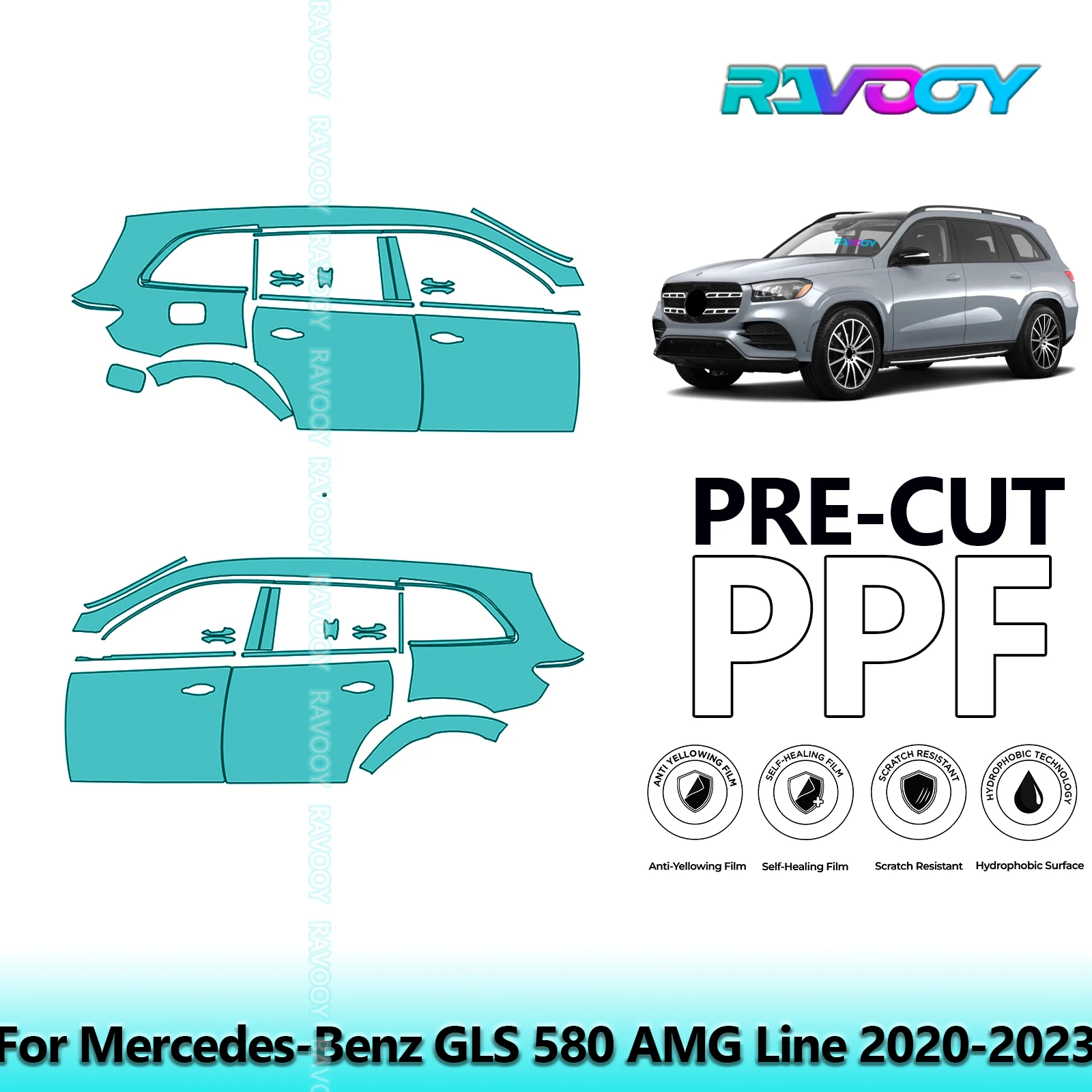 

For Mercedes-Benz GLS 580 AMG Line 2020-2023 8.5mil Clear Matte Pre-Cut PPF Door & A/B Pillar Kit TPU Paint Protection Film Set