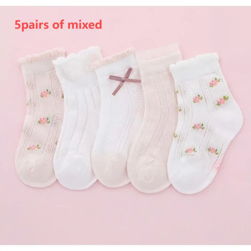 

5 pairs of girls' summer thin socks, children's lace butterfly breathable mesh socks
