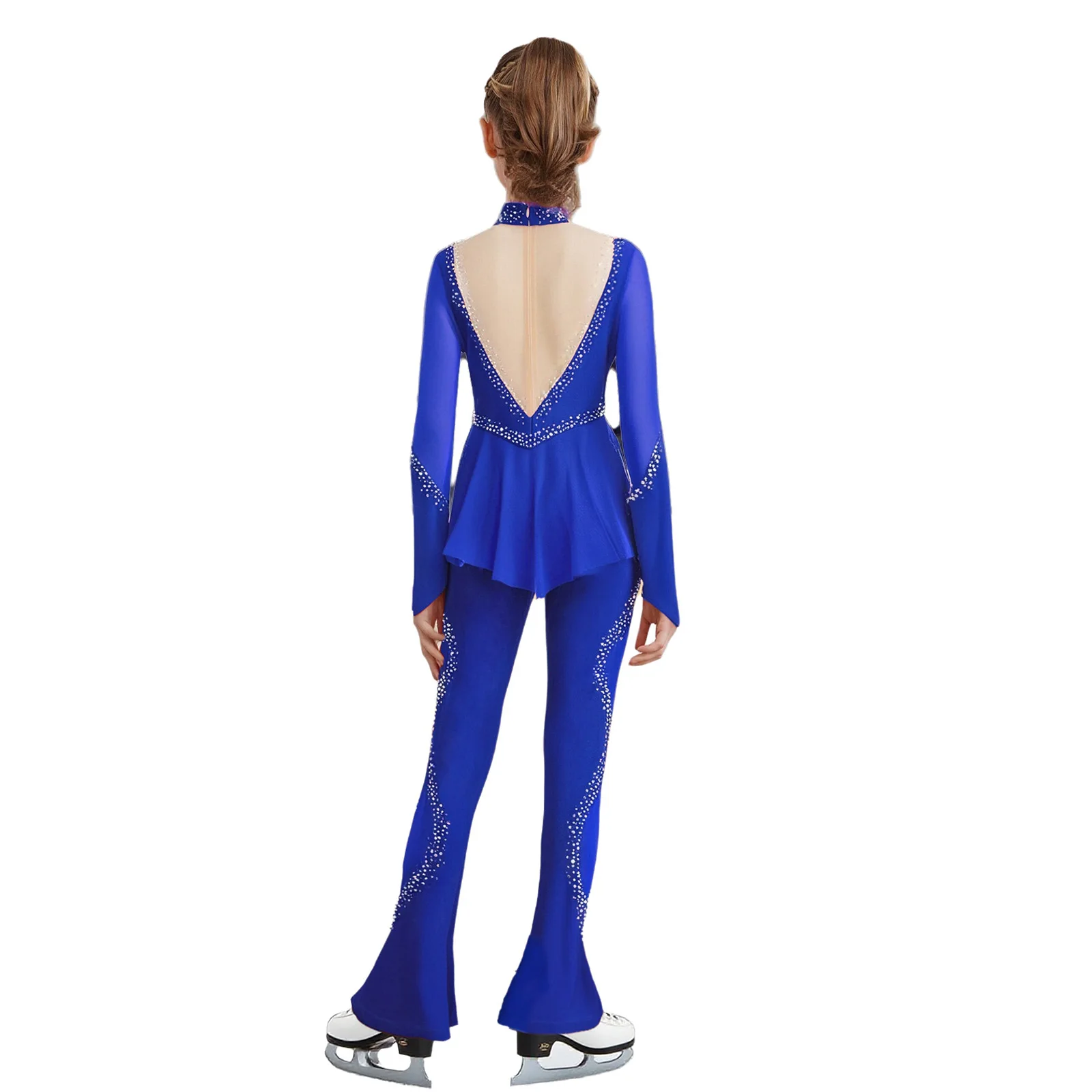 Kids Figure Skating Jumpsuit Performance Costume Sheer Mesh Rhinestones Romper with Long Sleeves Bell Bottom Peplum Bodysuit