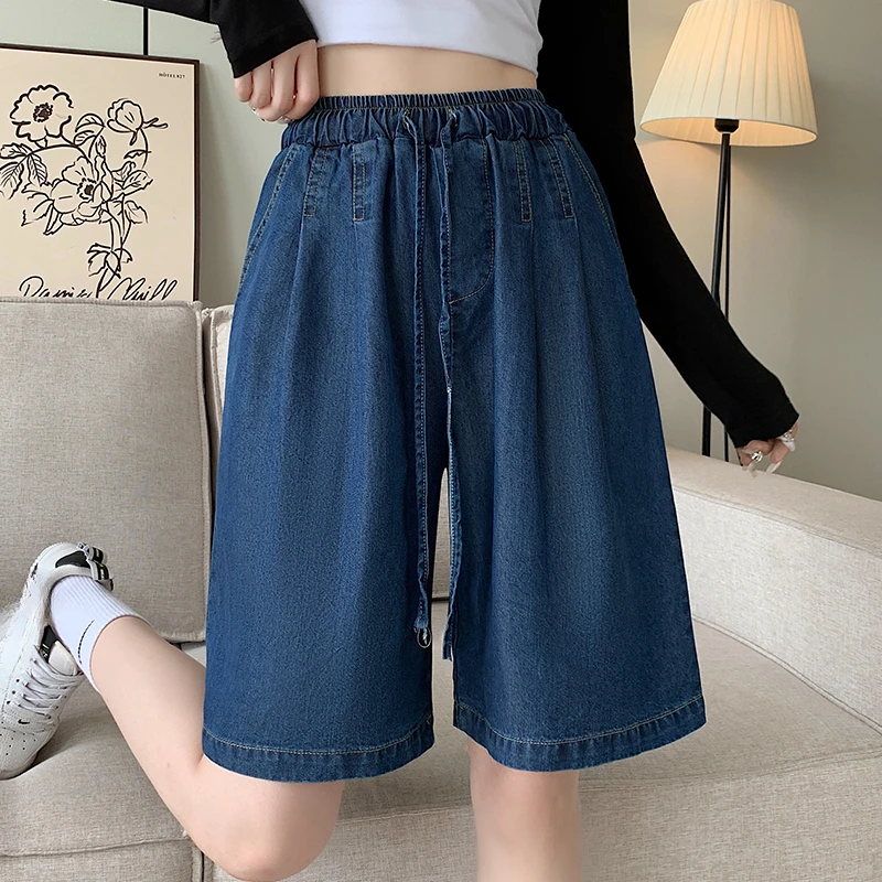 ฤดูใบไม้ผลิฤดูร้อน Tencel คาวบอยบางผู้หญิงครึ่งกางเกง 2025 ใหม่เอวสูง LACE-up Casual หลวมขากว้างสั้นสําหรับสตรี