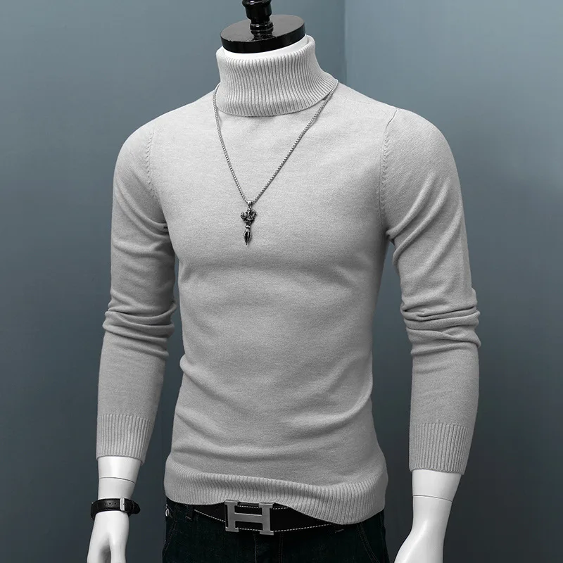 

High Collar Men's Knitted Sweater Autumn Winter Slim Fit Color Flip Collar Korean Sle Large Size Base Layer Pullover