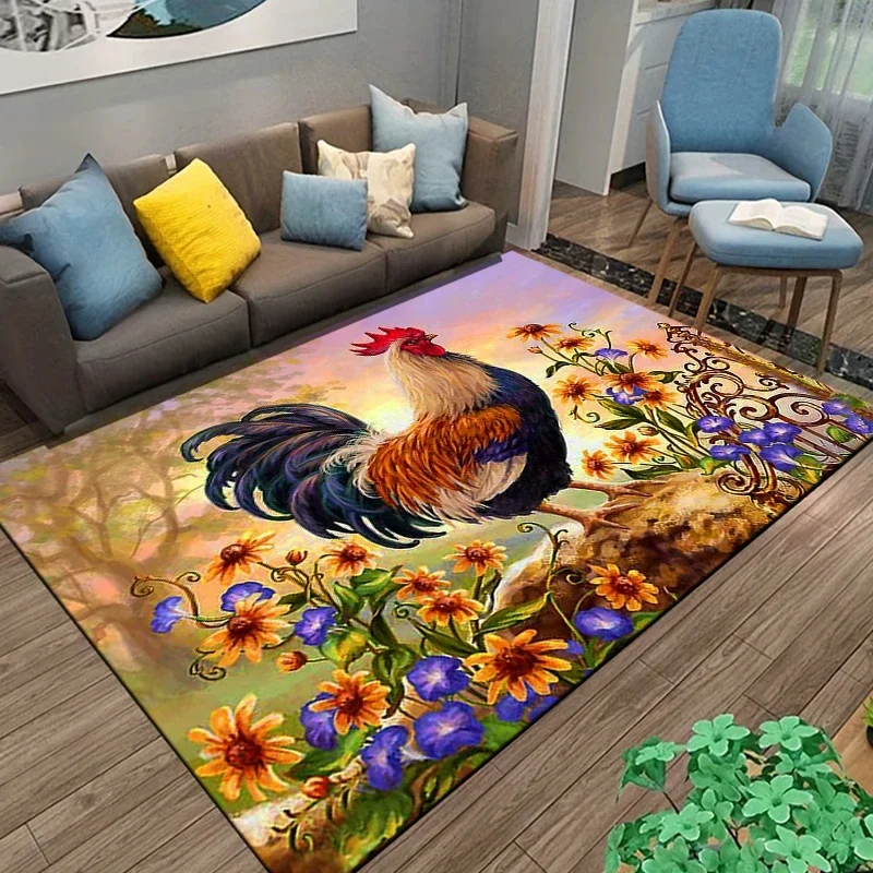 Vintage Rooster and Hen Chicken Area Rug Large,Carpet Rug for Living Room Bedroom Sofa Doormat Decoration, Non-slip Door Mats