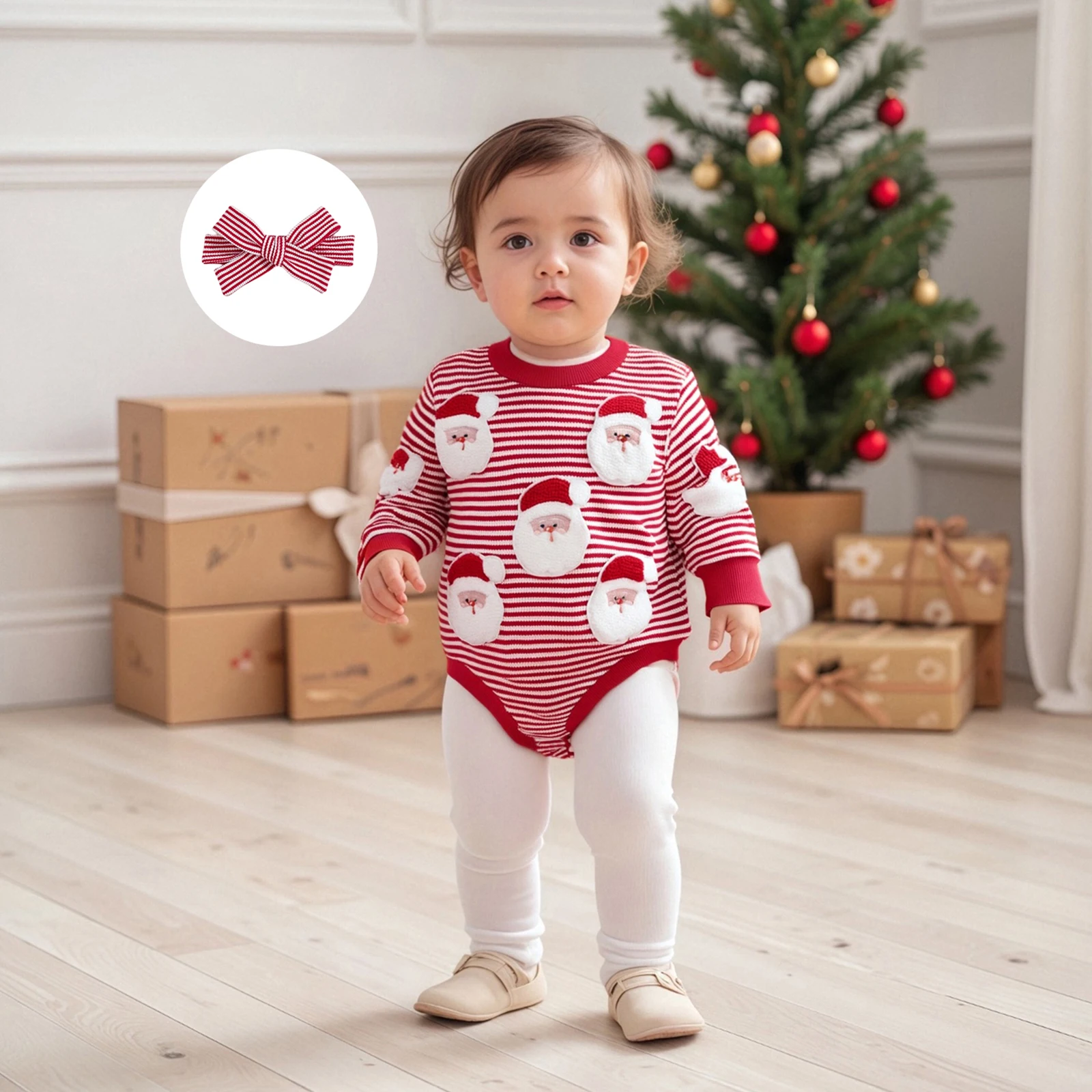 Baby Girls Christmas Striped Romper Santa/Tree Patch Long Sleeves Jumpsuits and Cute Headband Set for Toddler