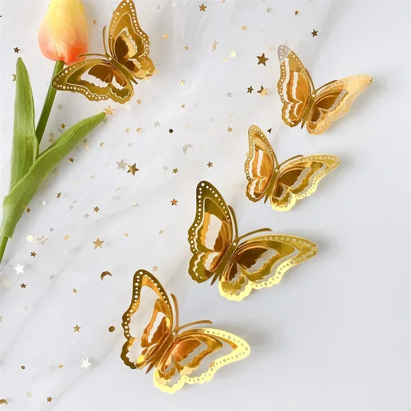 3D Hollow Layered Butterfly Multicolor Wall Sticker Home Decor Golden Butterfly Home Decor Refrigerator DIY Room Wedding Poster