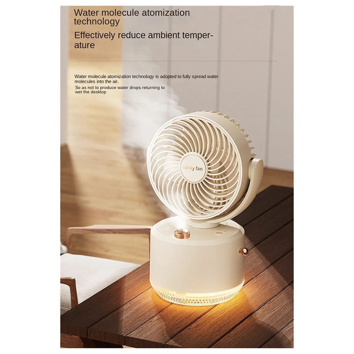 Cooling Fan Humidifier Desktop Fan Cooling Fan with LED Night Light USB 1800mAh Fan Silent Strong Wind-B