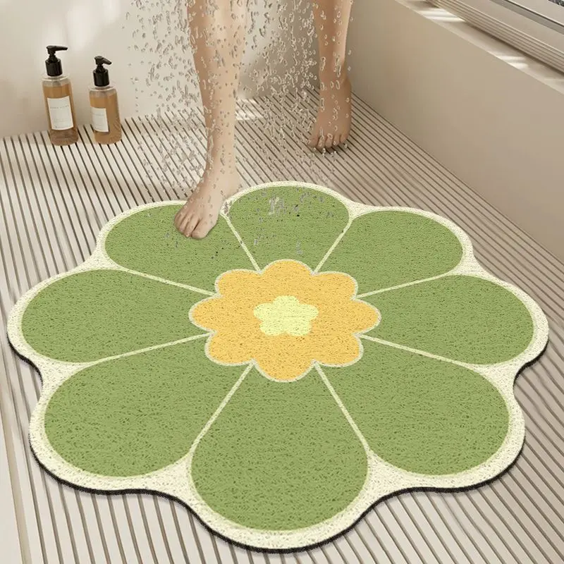 Flower Pattern Bathroom Silk Floor Mat Water Leakage Special Shower, Water Barrier Foot Mat, Pink, Green, Orange, 1Pc