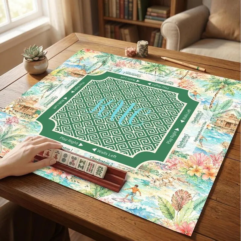 VIKAMA Tropical Island Palm Mahjong Mat Multi Rule Zoned Non Slip Vacation Style American Mahjong Table Pad