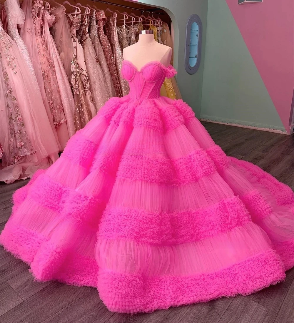 Robes de Quinceanera princesse rose chaude, robe de Rhà volants en tulle, robes Sweet 16, 15 ans, mexicain