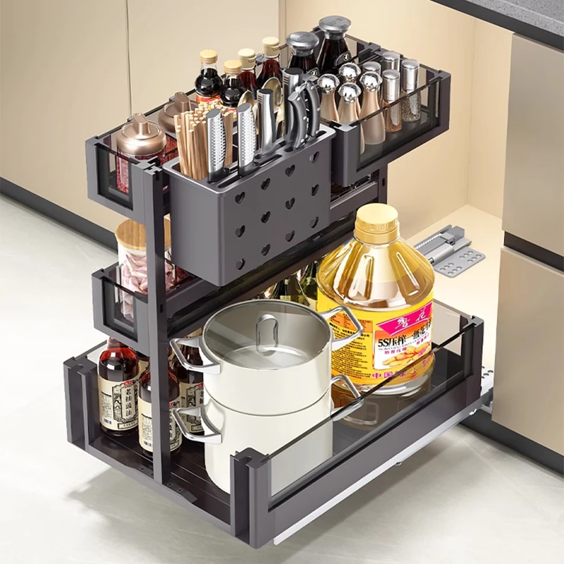 2 Tier Metal Expandable Pull Out Basket Storage Shelf Under Sink Pantry Organizer Spice Basket Rack
