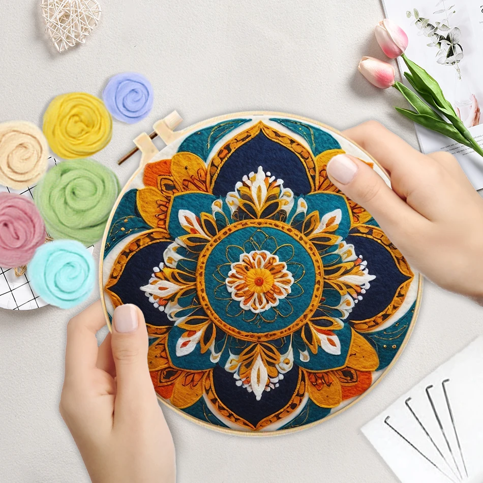 PhotoCustom Wool Felt Kit With Frame Felting Needles Mandala Flower Butterfly Wool Felt Tool DIY Handwork Wool Felting Painting