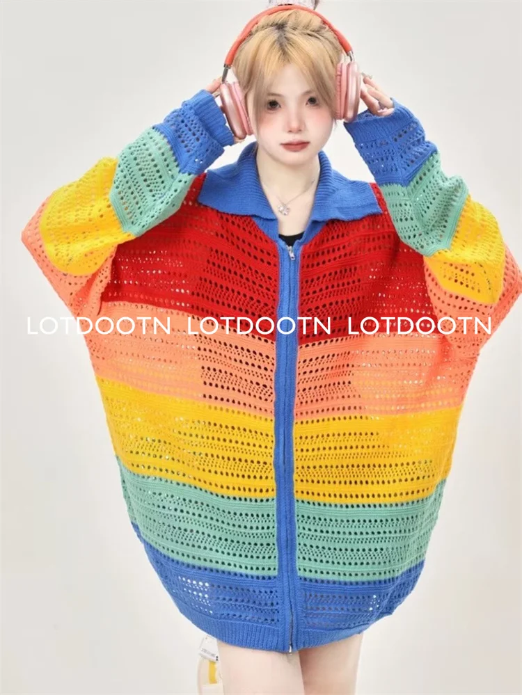 LOTDOOTN Casual Colorful Patchwork Sweater Cardigan Hollow Out Fishnet Autumn Loose Long Sleeve Y2k Holes Zippered Sweater Women