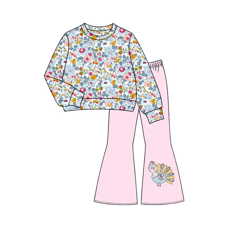 Baby Girls Long Sleeve Thanksgiving Turkey Top Bell Pants Children Christmas Boutique Kids Outfits Clothes Sets