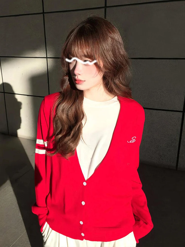 

Красный вязаный приталенный кардиган Miu Sle с эффектом двухслойности, женский, осенняя новинка, удобный повседневный топ в корейском стиле, с длинными рукавами