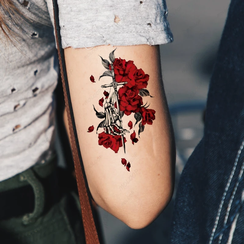 Tattoo Stickers Temporary Sword Red Rose Skull Flower Waterproof Hand Arm Neck Fake Tatto for Women Men Makeup Body Art