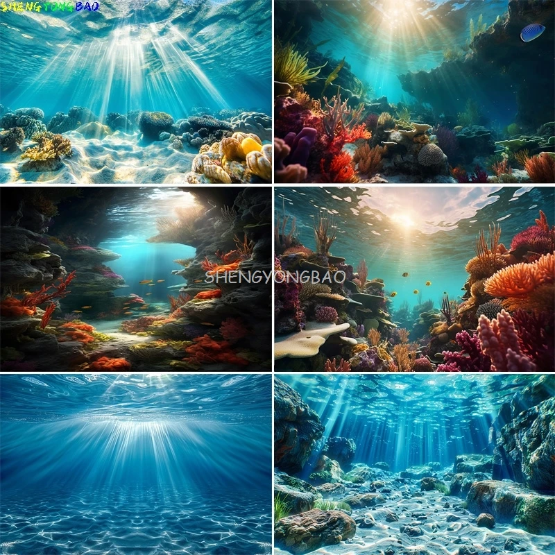 

Tropical Seascape Showcasing Coral Photography Backdrops Sunlight Shining Water Fishes Rays Ocean Reef Photo Background OE-07