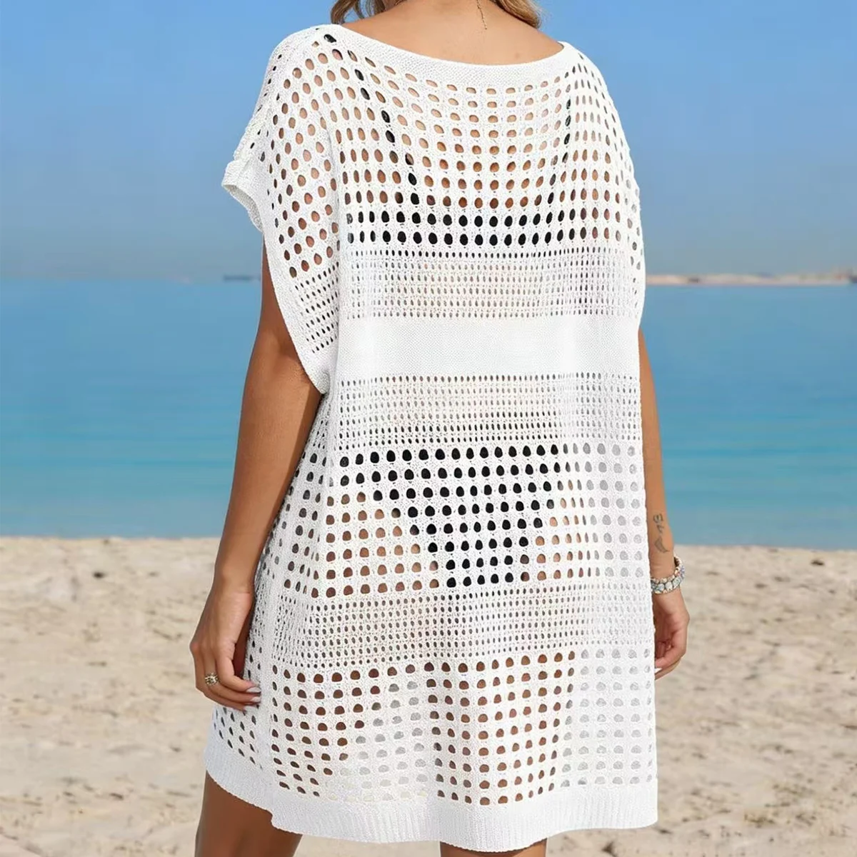 Pure Color V Neck Hollow Out Texture Vacation Top, Loose Fit Casual Knitted Beach Cover-Up, Plain Pattern, Stylish & Comfortable