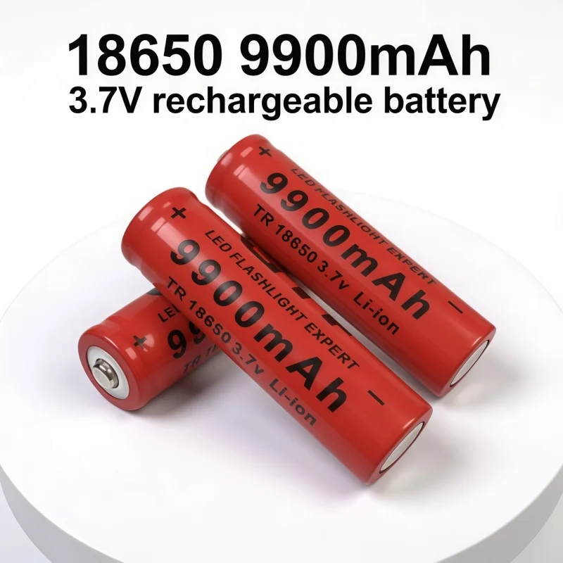 18650 Red 9900 Rechargeable Lithium Battery with Charger, High Capacity Li-ion Cell Set for Flashlight & Electronic Devices