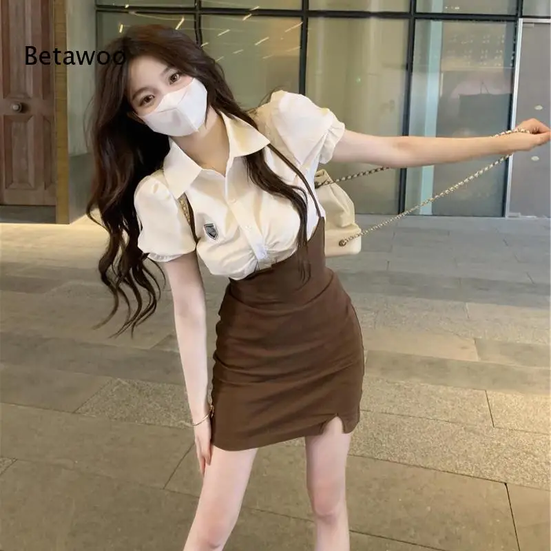 Women Color Blocking Fake Two Piece Mini Dress Lapel Puff Short Sleeve Shirt Top High Waist Bodycon Short Dress