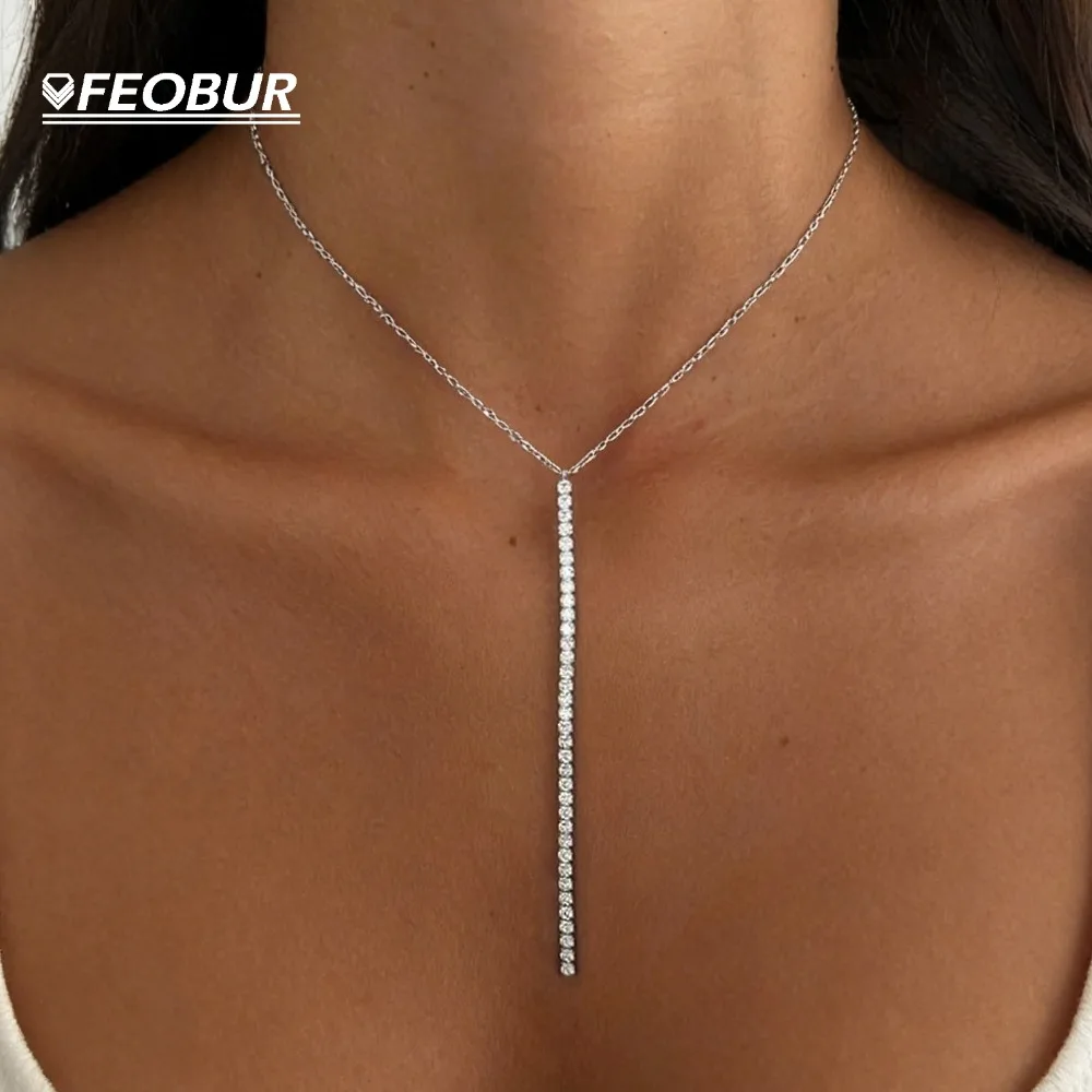 Y-Style 2mm Moissanite Diamond Lariat Necklaces for Women Long Tassel Pendant Neck Chain S925 Sterling Silver Jewelry Party Gift