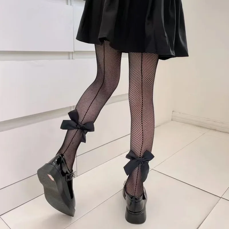 Fishing Net Stockings for Baby Girls Cute Large Bow Lolita Pantyhose Sexy Black Hollow Mesh Nylon Tights Children's Leggings