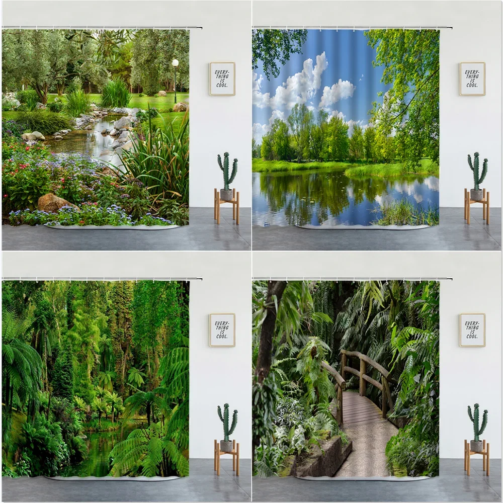 Park Garden Tree Flower Pond Nature Landscape Shower Curtain Bathroom Polyester Waterproof Fabric Curtains Home Bathtub Decor