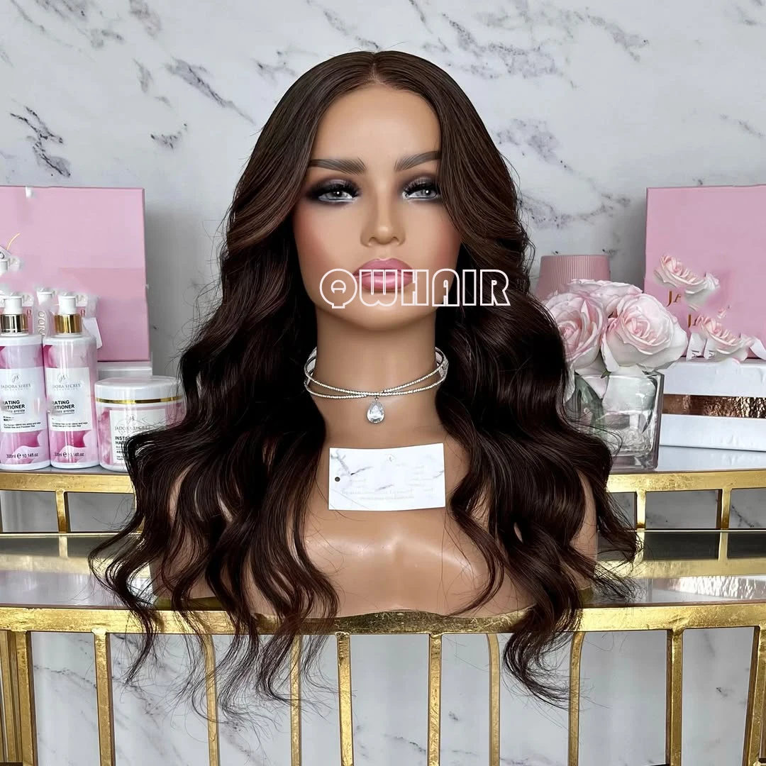 QW Body Wave Synthetic Lace Front Wigs for Women Dark Brown Hair 13X4 Lace Frontal Wigs Cosplay Glueless Heat Resistant Fiber