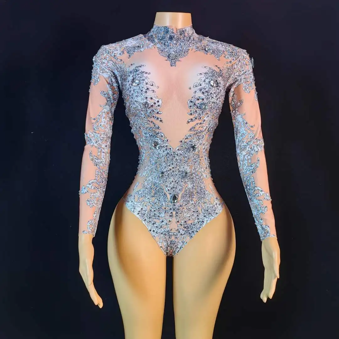 Sparkly Hot Drilling Process Rhinestone Bodysuits For Women Club Night Stage Wear Birthday Carnival Stretch Drag Queen Costume