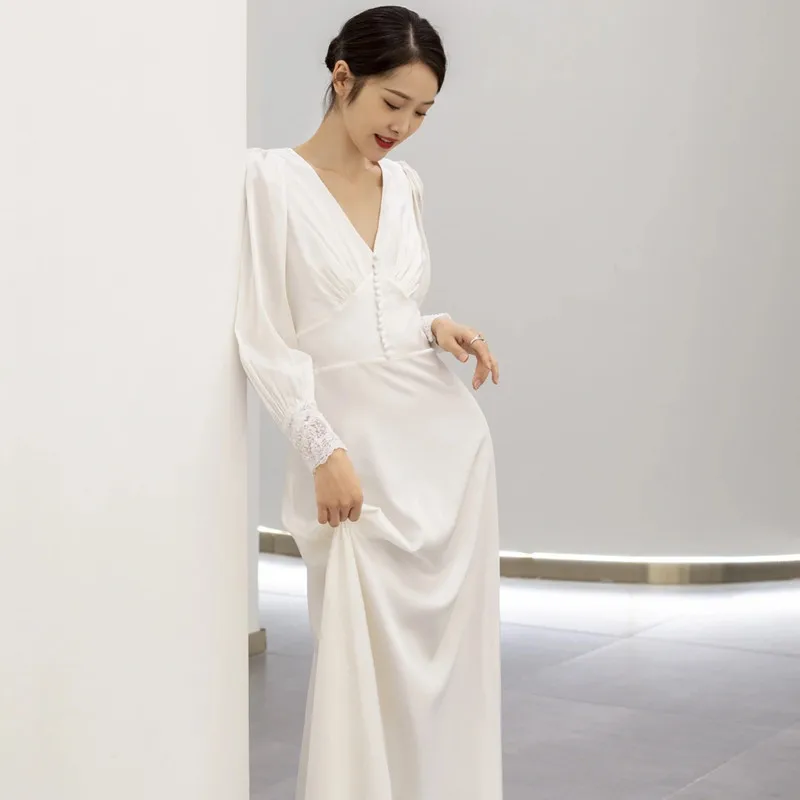 Long SleevesvSimple Collar Travel Photography White Slimming Korean Style Bride Wedding Reception Lace Dress