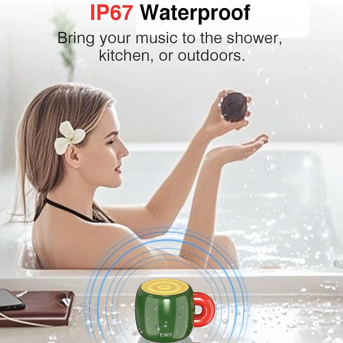 مكبر صوت EWA صغير لاسلكي يعمل بالبلوتوث 5.4 صوت جهير، مكبر صوت يومي مقاوم للماء، مكبر صوت معدني محمول مشغل MP3 700 مللي أمبير في الساعة صوت HiFi