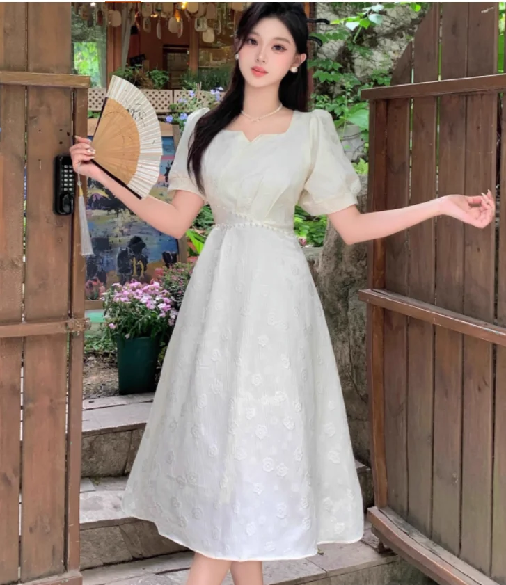 فستان جاكار أنيق مقاس كبير أسود بأكمام قصيرة ورقبة مربعة فستان بناتي صيفي بمزاج فرنسي عالي الخصر على شكل حرف a فساتين بسيطة #3