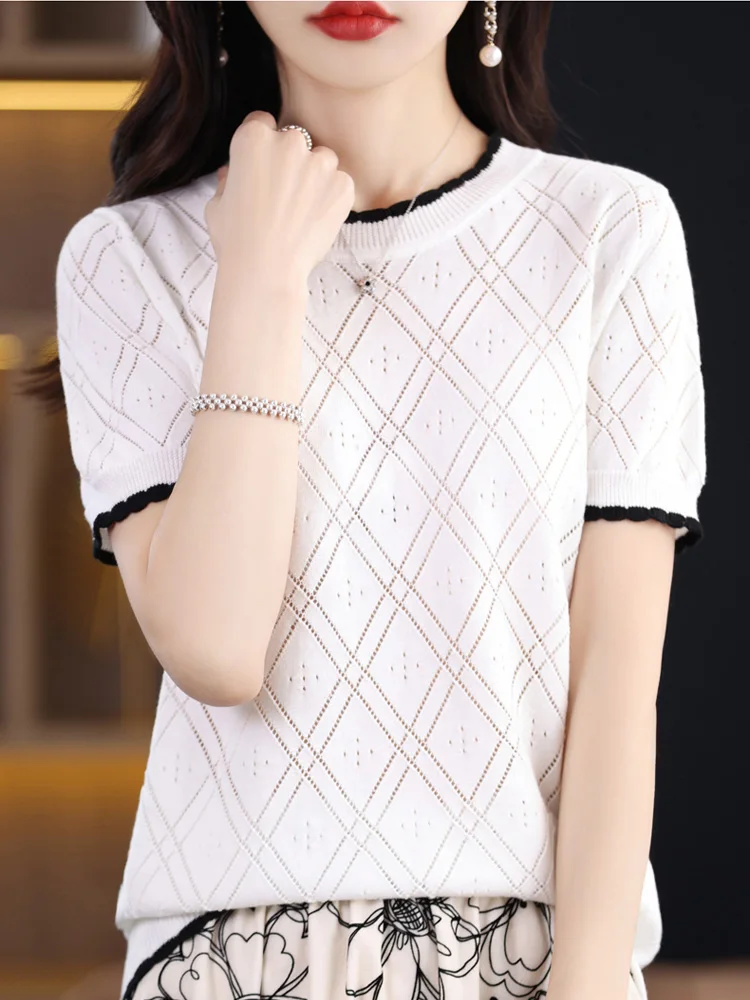 O Neck Short Sleeve T Shirt For Women Loose Casual Tees Hollow Out Knitted Tshirts Female Thin Elasticity Tops 2025 Summer