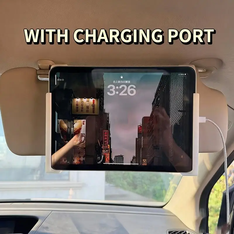 Universal Car Sun Visor Phone/Tablet Holder (With Charging Port),Adjustable White Clip Suitable For Most Car Models,L-Shaped