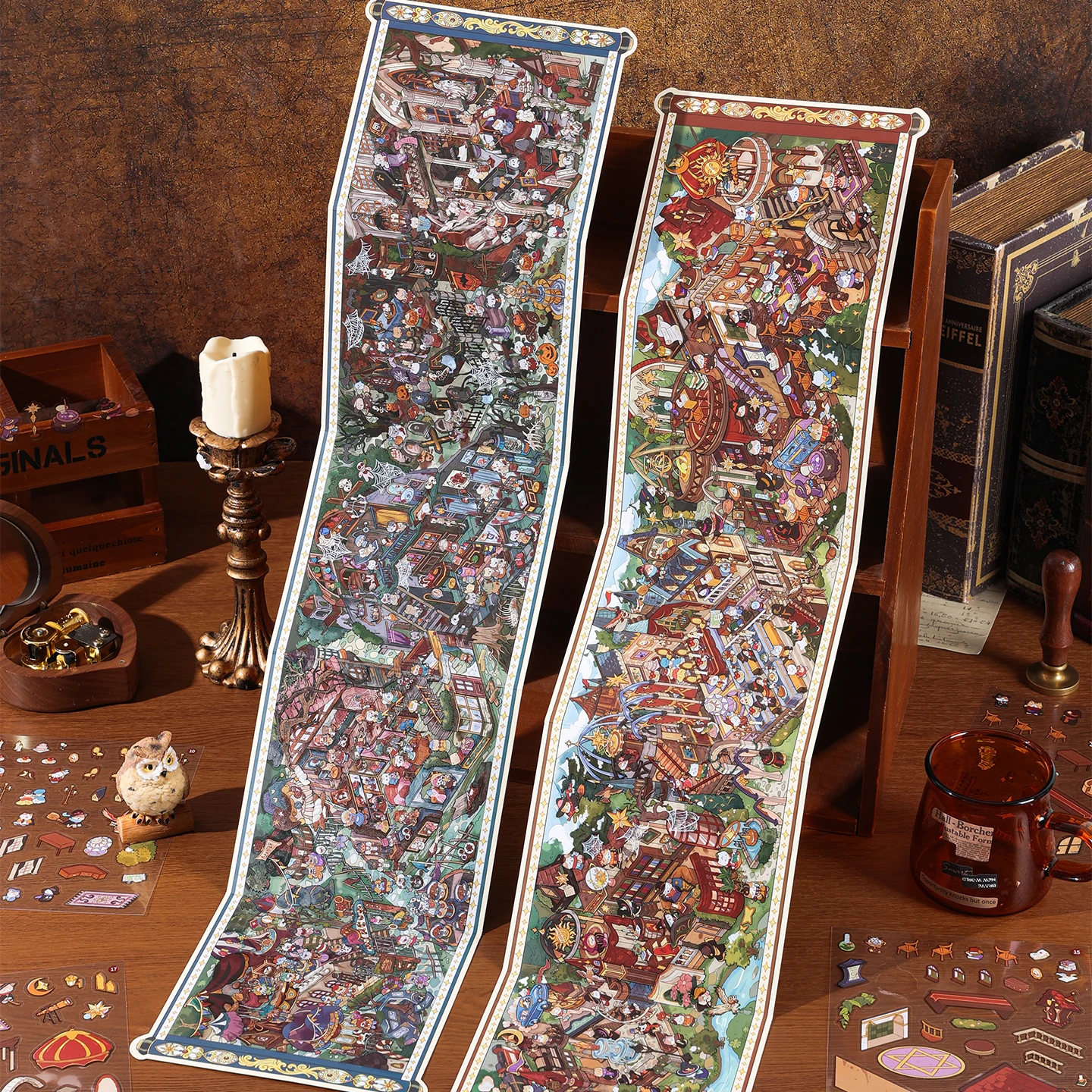 18PCS PET Fantasy Town Scene Sticker Set Retro Steampunk Building Decor for Scrapbook
