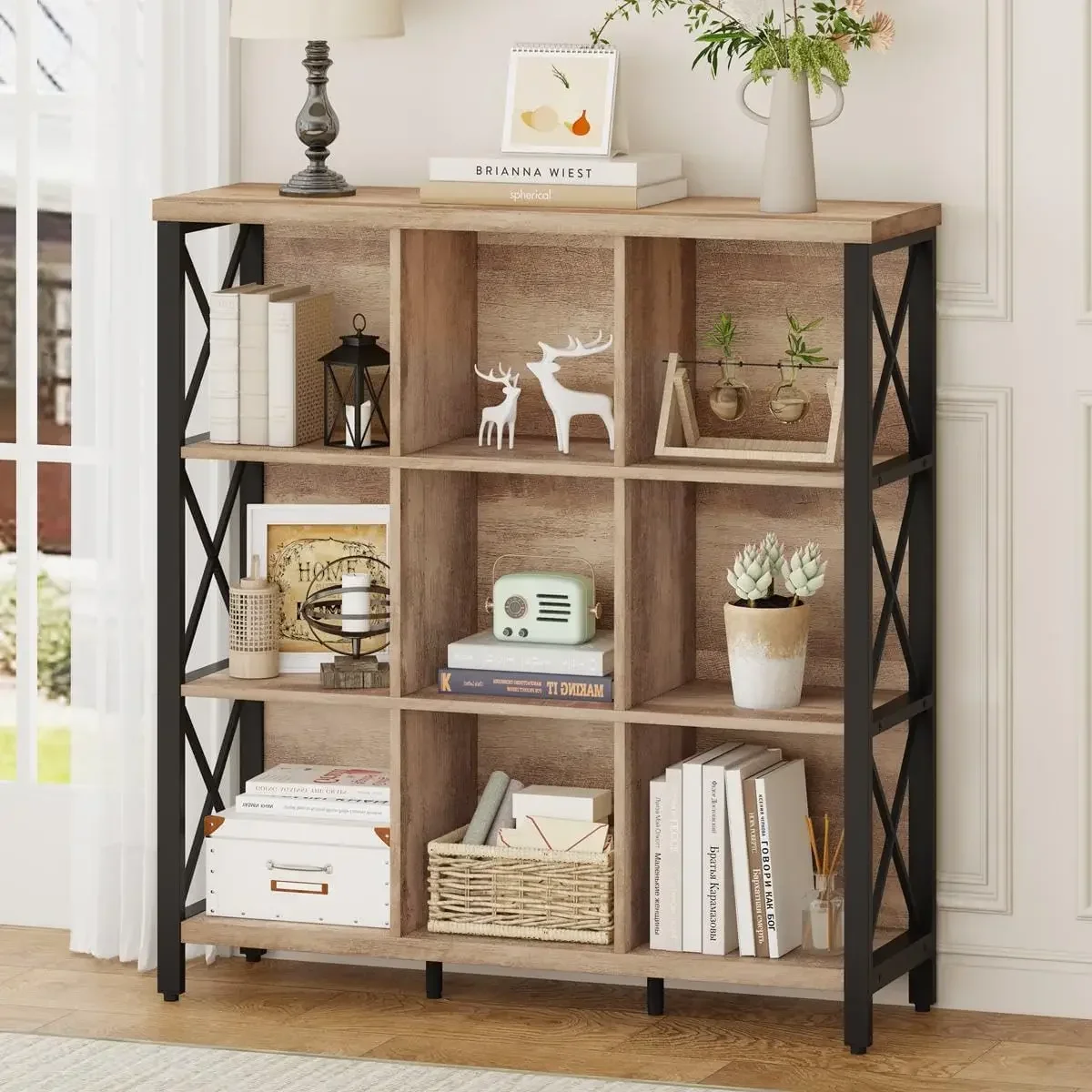 9 Cube Storage Bookshelf, Industrial 4 Shelf Book Shelf, Farmhouse Wood and Metal Cubby Bookcase for Home Office (39.37