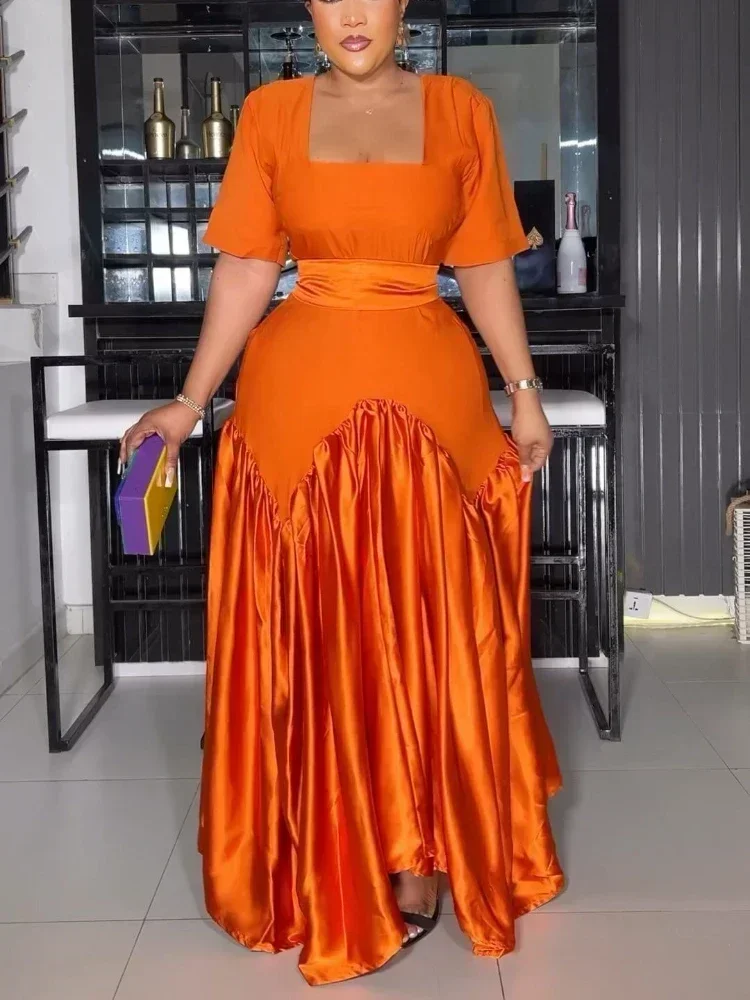 Short Sleeved Sweet Slim Fit Long Women's Dress Orange High Waist Pleated Beach Streetwear Maxi Big Swing Dresses with Belt