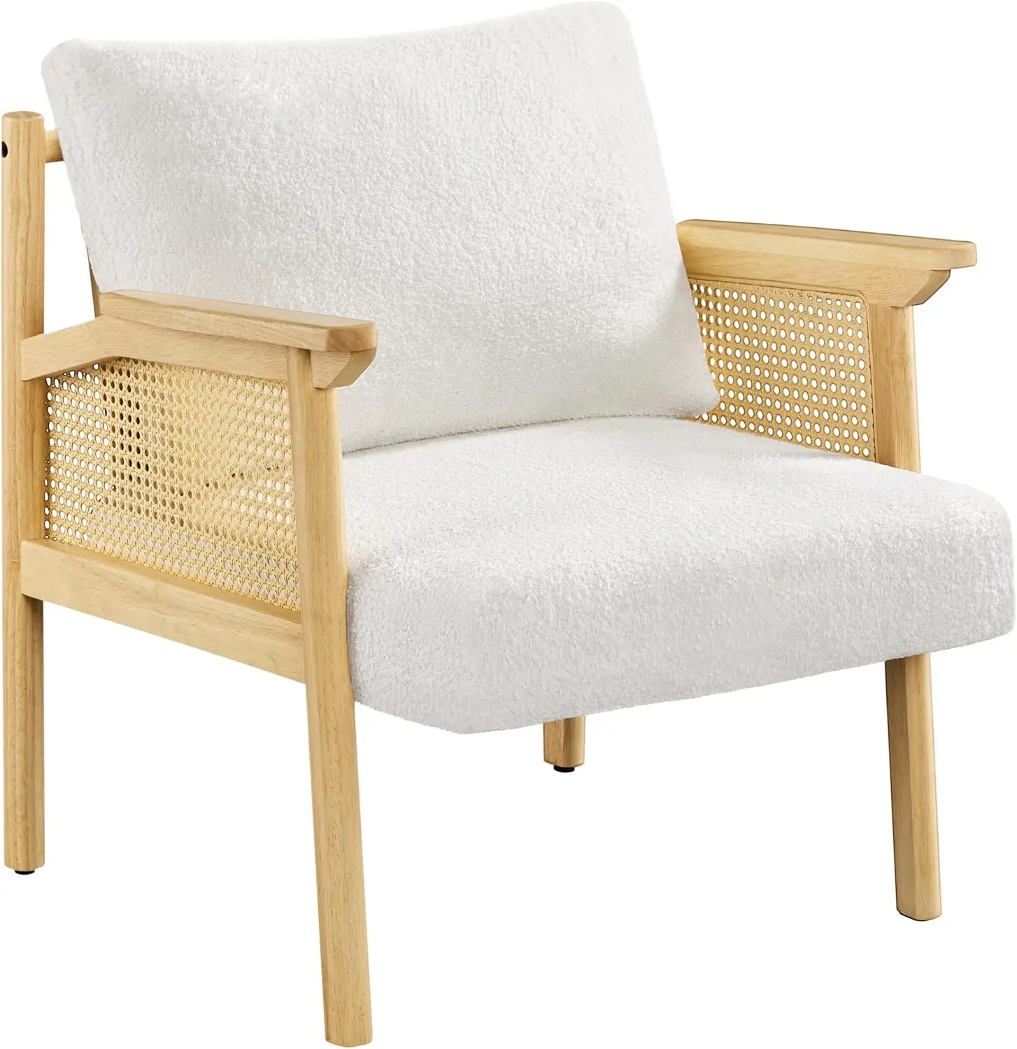 Vanity Chair with Rattan Back Arms, Mid Century Upholstered Living Room Lounge Bedroom Balcony White