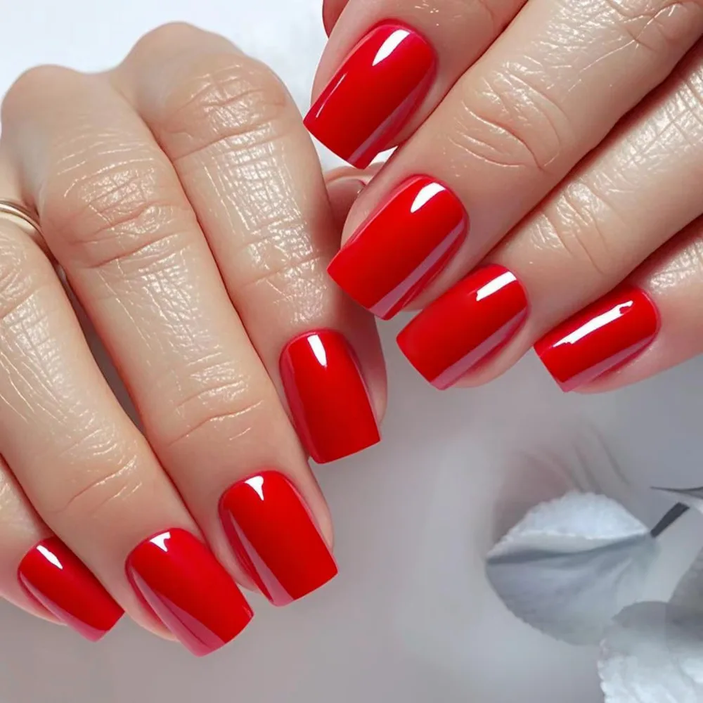 

24Pcs Press On Long Fake Nails With Jelly Glue Shiny Red Artificial False Nails Full Cover Finger Tips DIY Manicure Tool