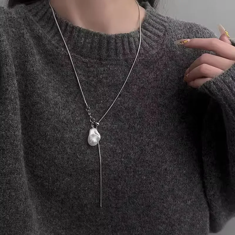 الباروك اللؤلؤ قلادة الفولاذ المقاوم للصدأ قابل للتعديل سلسلة طويلة سترة قلادة للنساء اكسسوارات الأزياء والمجوهرات بالجملة #6