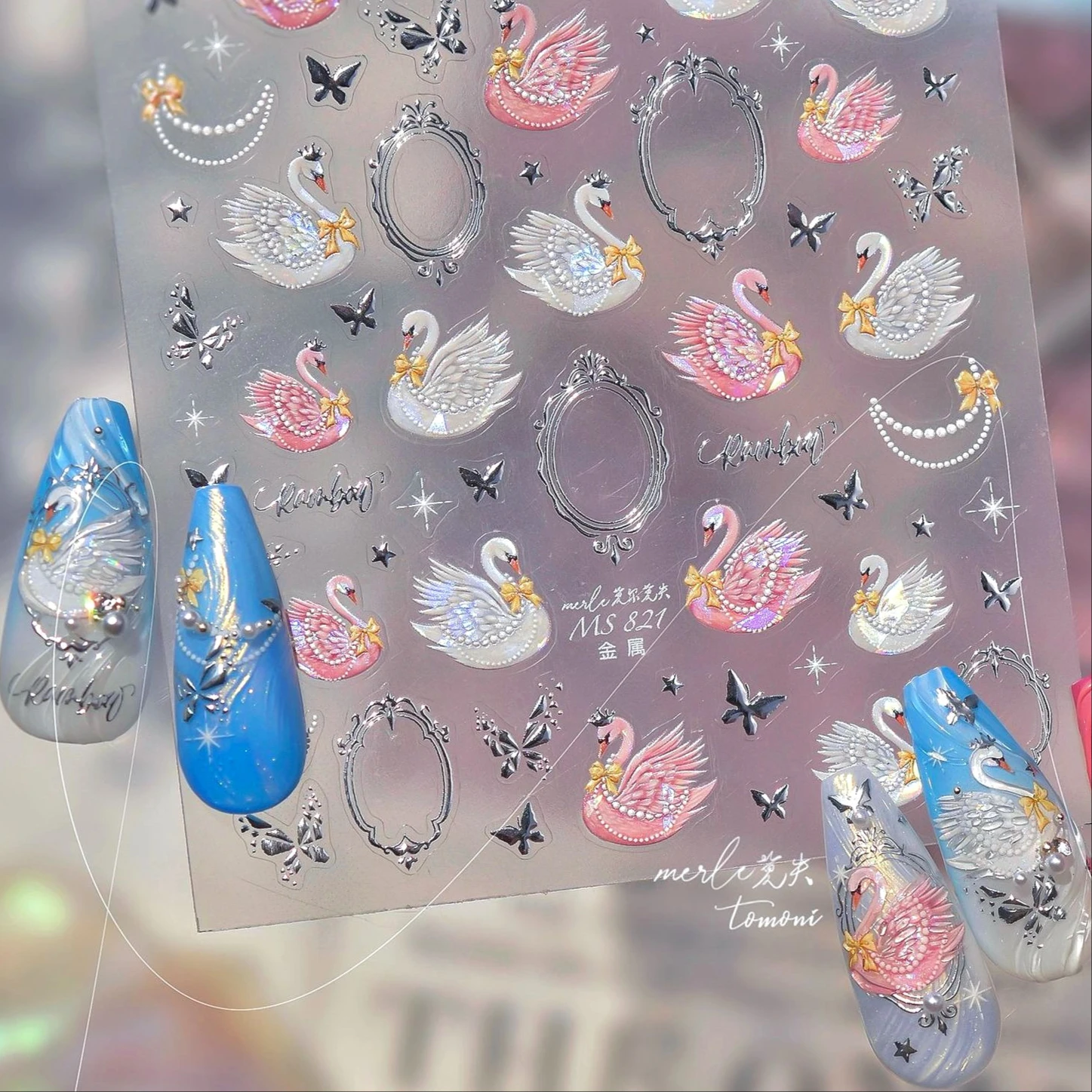 Wit Zwart Roze Dieren Veer Ster Retro Fotolijst Strik Vlinder Vleugel Parelsnoer Nail Art Stickers Manicure Decals