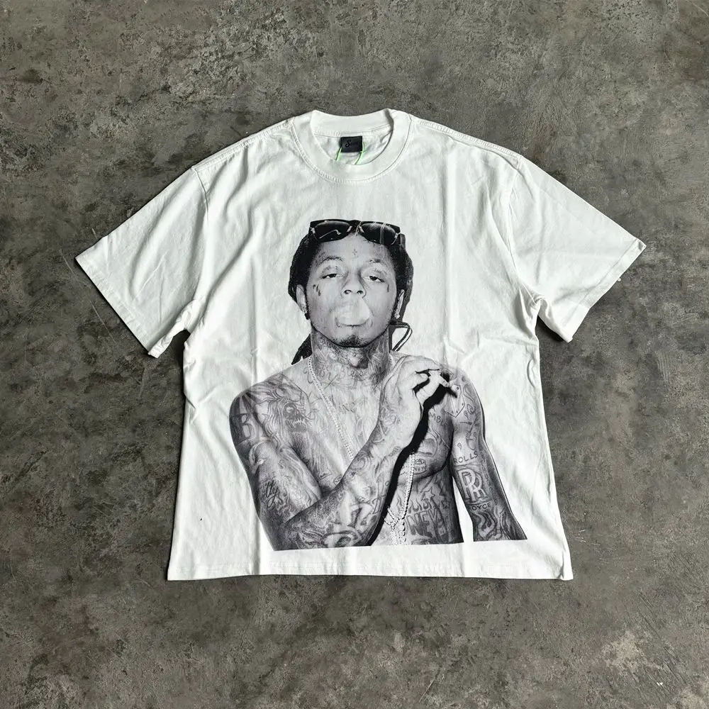 Film Amerika Kaus Lengan Pendek Jalanan Tinggi Gaya Hip-Hop Jalanan Karakter Cetak Katun Murni Pria dan Wanita Musim Panas Murni